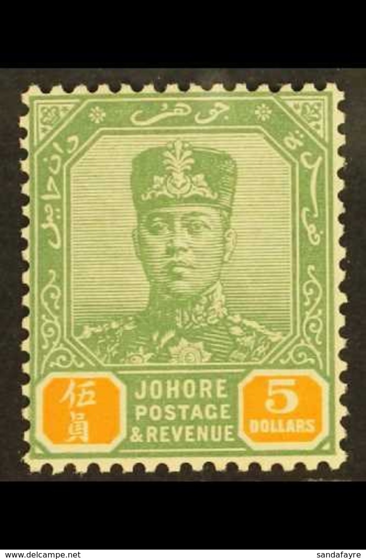 JOHORE 1922 $5 Green And Orange, Sultan, SG 124, Very Fine And Fresh Mint. For More Images, Please Visit Http://www.sand - Other & Unclassified