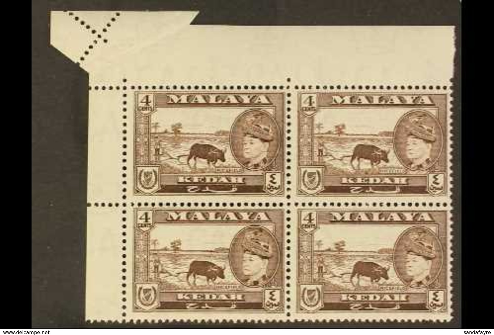 KEDAH 1957 4c Sepia Pictorial, SG 94, Never Hinged Mint Top Left Corner BLOCK Of 4 Showing An Interesting PERFORATION ER - Altri & Non Classificati