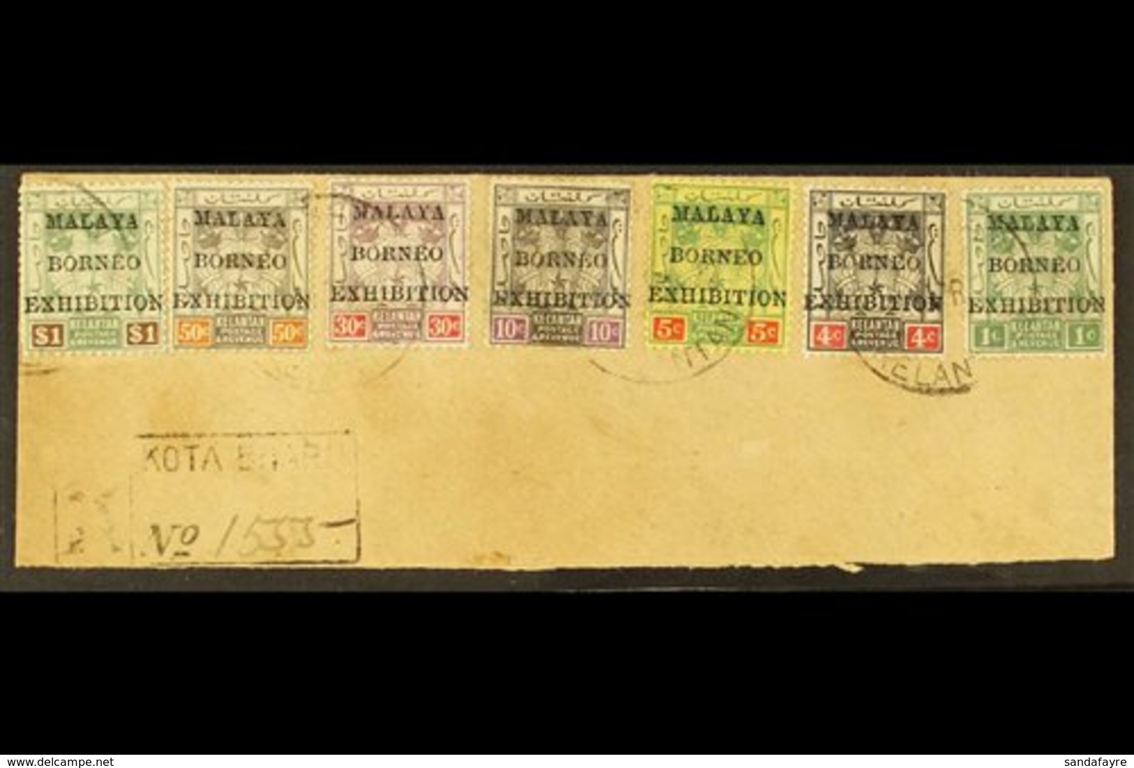 KELANTAN 1923 MALAYA - BORNEO EXHIBITION , Complete Set To $1, SG 30/4, 37/8, Very Fine Used On Piece. (7 Stamps) For Mo - Altri & Non Classificati