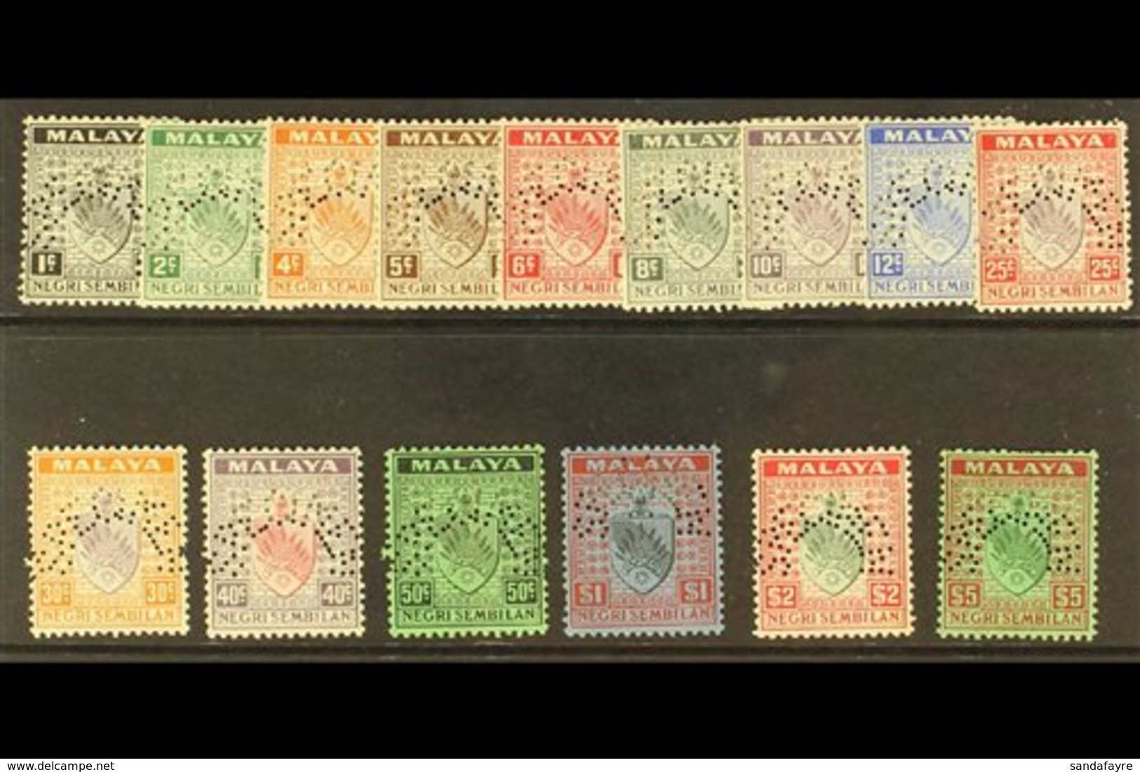NEGRI SEMBILAN 1941 "Arms" Set Of 15 (less The 1941 Issues) Perforated "Specimen", SG Between 21-39, Very Fine Mint. (15 - Other & Unclassified
