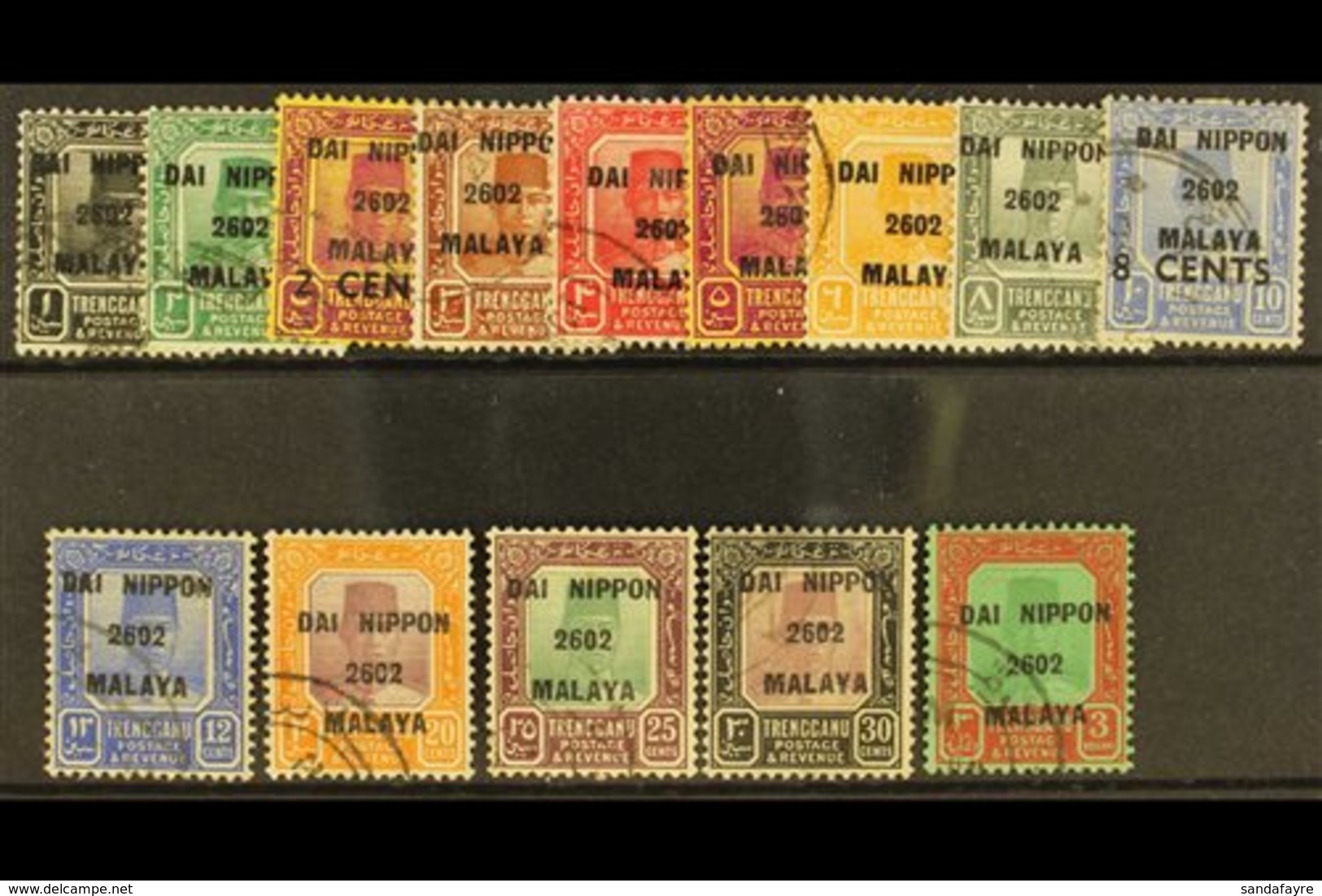 TRENGGANU 1942 "Dai Nippon 2602 Malaya" Overprint Set To $3 Complete, SG J119/32, Very Fine Used. Scarce Set.  (14 Stamp - Autres & Non Classés