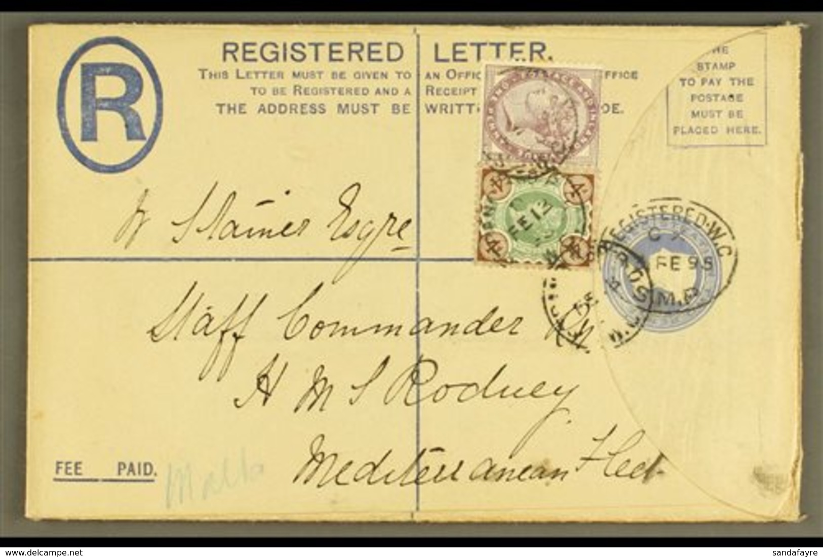 1895 (13 Feb) GB 2d Registered Stationery Env Uprated By 1d Lilac And 4d Jubilee Stamps, Addressed To The Staff Commande - Malta (...-1964)