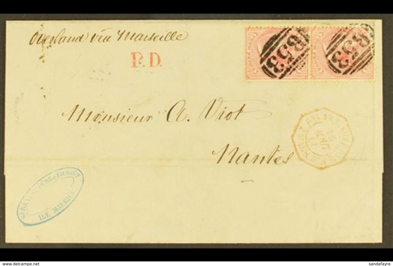 1866 (18 July) Entire Addressed To France, Bearing 1863-72 4d Rose Vert Pair (corner Fault) SG 62 Tied By "B53" Postmark - Mauritius (...-1967)