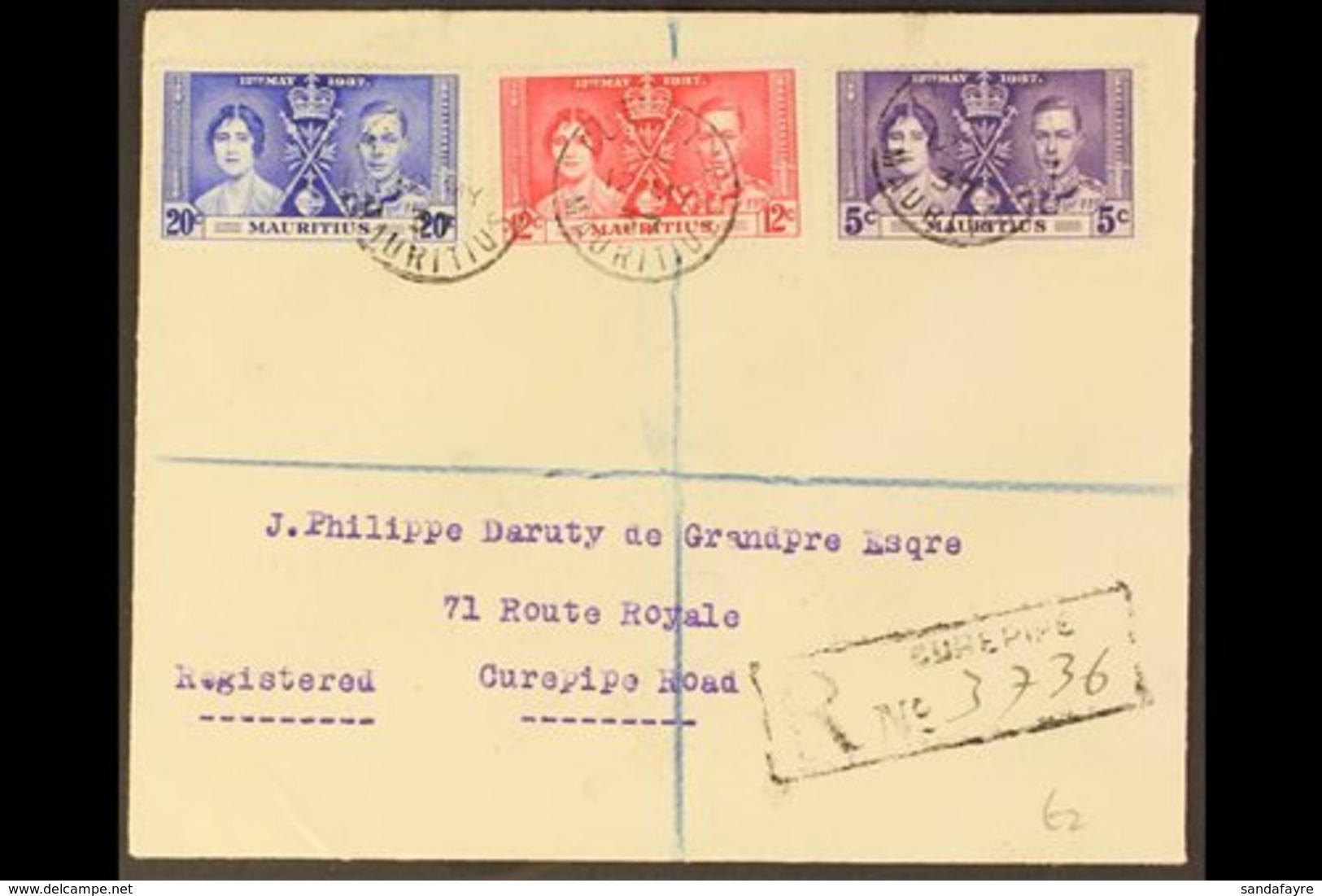 1937 VARIETY ON COVER. 1937 (12 May) Registered Cover Addressed Locally Bearing Coronation Complete Set With 20c Blue LI - Mauritius (...-1967)