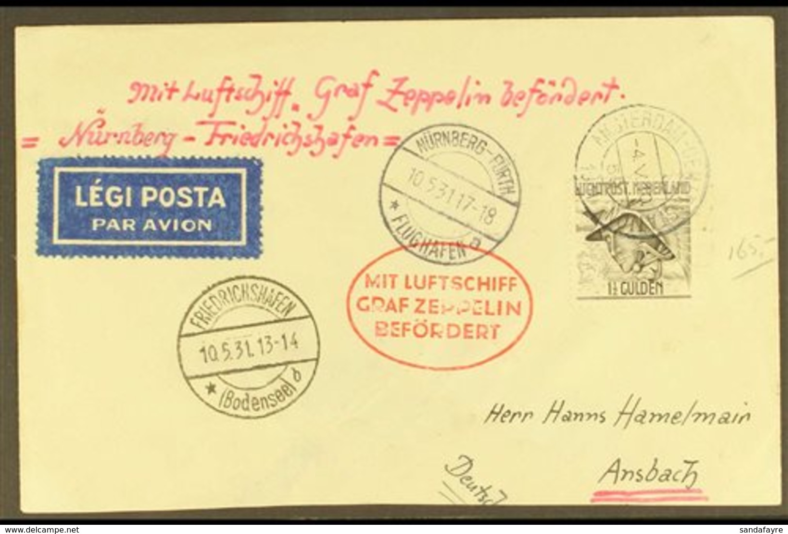 GRAF ZEPPELIN 1931 NUREMBERG FLIGHT MAIL FROM NETHERLANDS 1931 (4 May) Cover Addressed To Germany, Bearing 1.50g Stamp T - Other & Unclassified