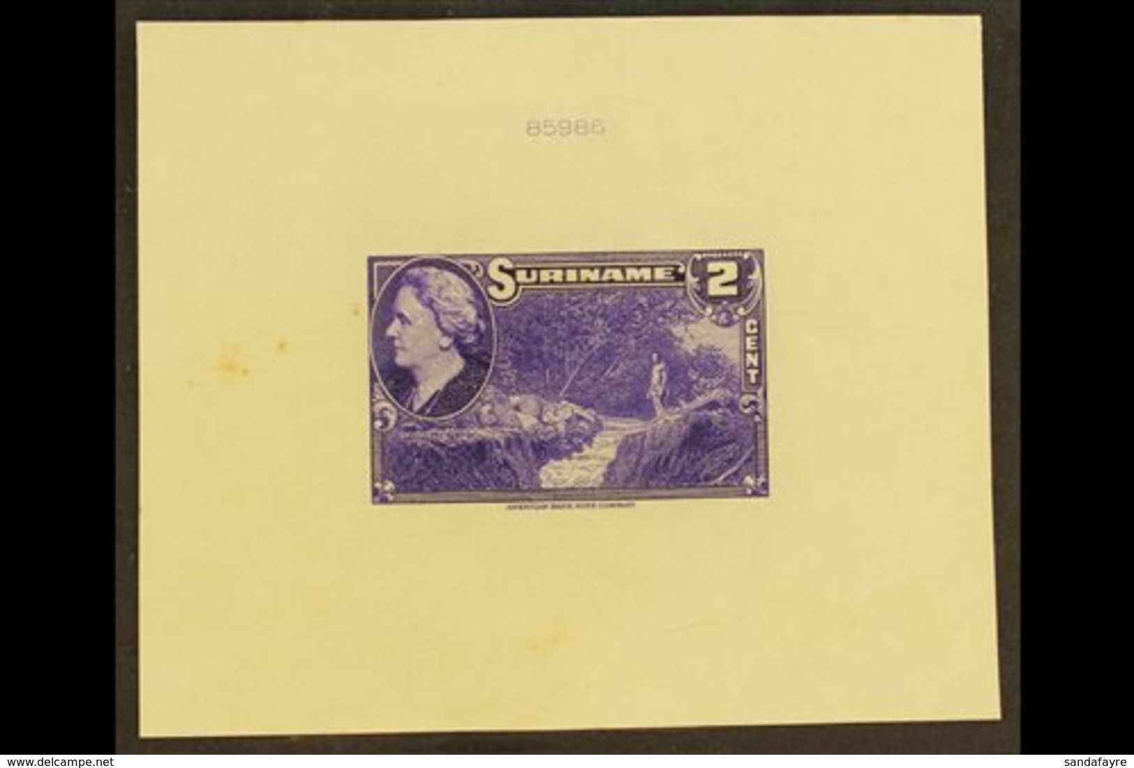 SURINAM 1945 2c Violet Native And Stream (as SG 315, Scott 186) - An American Bank Note Company DIE PROOF On Card, Overa - Other & Unclassified
