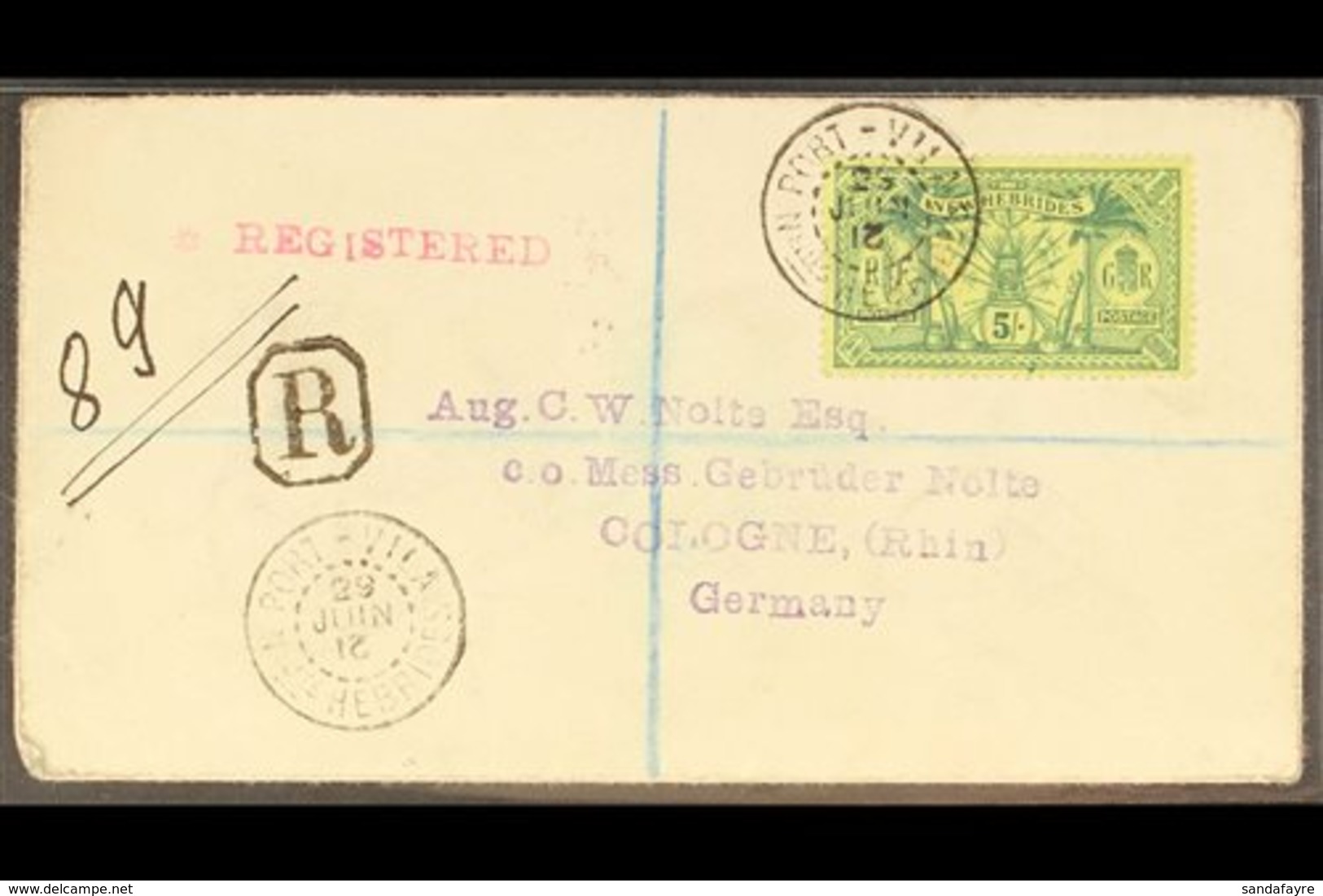 BRITISH 1912 Registered Cover To Germany Franked 5s Green On Yellow, SG 28, Tied By Port Vila Nelles Hebrides Cds With B - Otros & Sin Clasificación