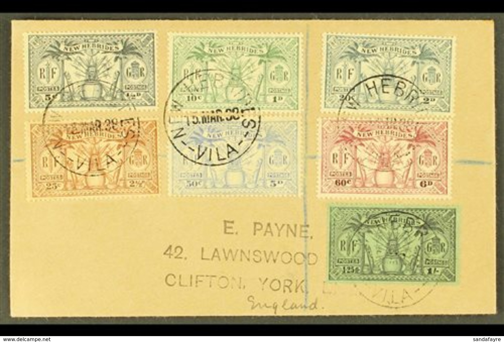 ENGLISH 1938 (March) A Neat And Attractive Philatelic Cover To England Bearing 1925 Set To 1s, Tied "NEW HEBRIDES VILA"  - Other & Unclassified