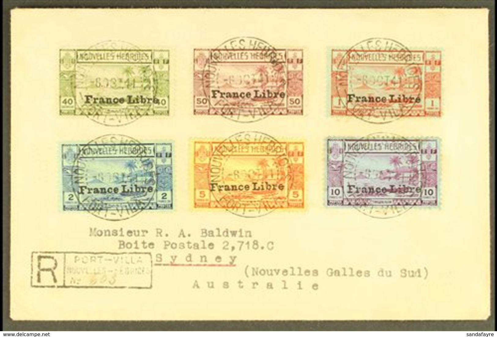 FRENCH 1941 France Libre Complete Set, SG F65/76, Across Two Neat Registered Covers To Sydney, Tied Port Villa 6 Oct. 19 - Autres & Non Classés