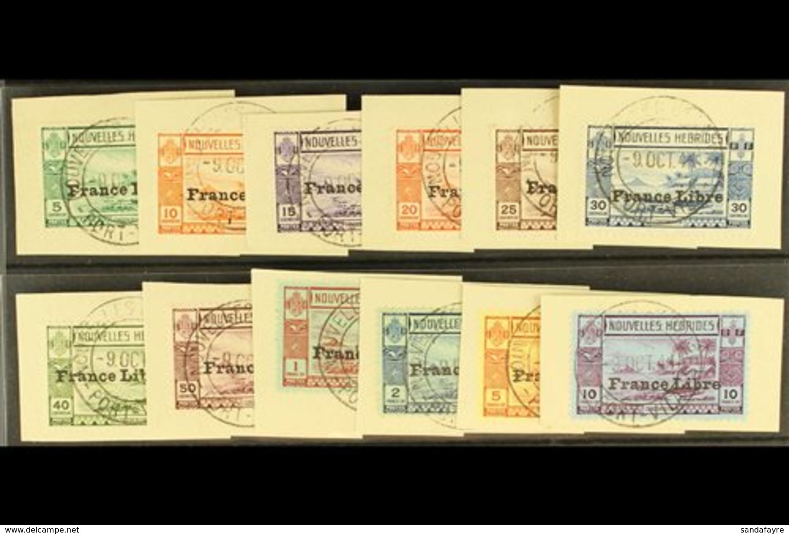 FRENCH 1941 France Libre Complete Set, SG F65/76, Each On A Neat Piece Tied By Crisp Upright Port Vila 9 Oct 1941 Cds. ( - Other & Unclassified
