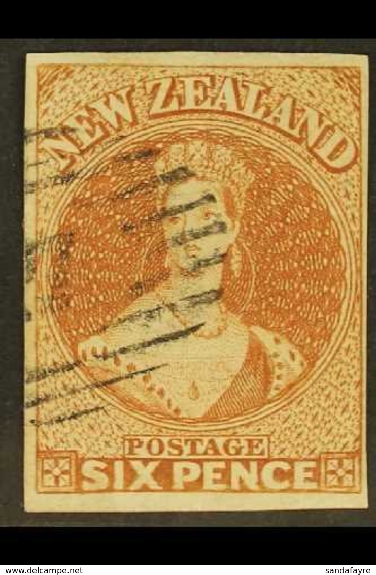 1857-63 6d Pale Brown No Wmk, SG 14, Very Fine Used With 4 Margins And Small Part Barred Oval Numeral Pmk. Very Pretty.  - Other & Unclassified