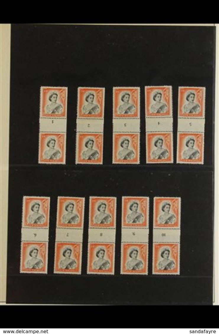 1957 NUMBERED VERTICAL COIL JOIN PAIRS QEII Definitive 1s9d Black And Red-orange (SG 733b) Vertical Pair With Coil Numbe - Other & Unclassified
