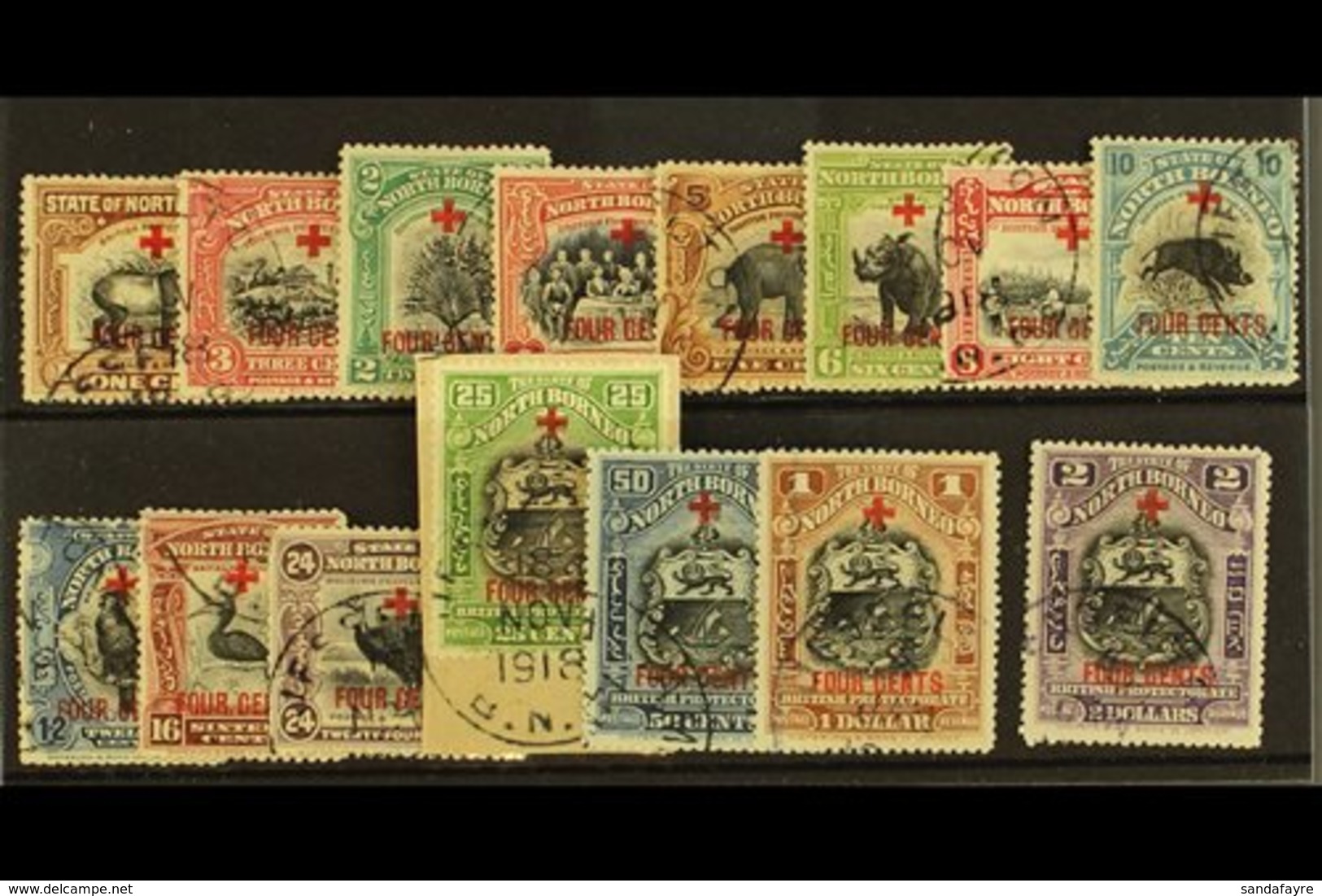 1918 (Oct) 4c Surcharges Set Complete To $2+4c, SG 235/51, Very Fine Used, The 25c & $1 With Light Crayon Line (15 Stamp - North Borneo (...-1963)