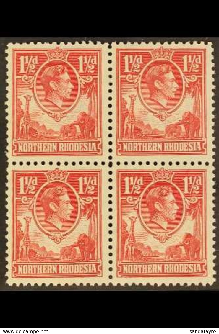 1938-52 1½d Carmine-red, SG 29, Very Fine Mint (two Stamps Are Never Hinged) BLOCK Of 4, Fresh. (4 Stamps) For More Imag - Northern Rhodesia (...-1963)