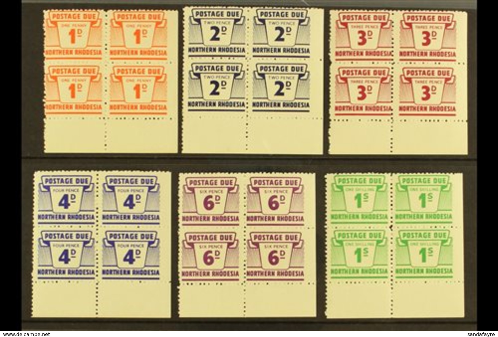 POSTAGE DUES 1963 Set Of 6 Values In CORNER Blocks Of 4, IMPERF TO RIGHT MARGIN, SG D5/10, Never Hinged Mint (6 Blocks). - Northern Rhodesia (...-1963)