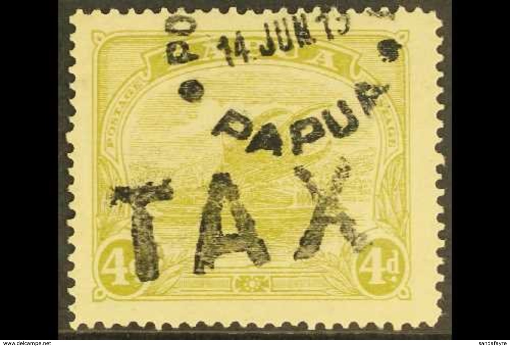 1911-15 4d Pale Olive Green, Watermark Crown To Right, SG 88w, Cds And Scarce Straight Line "TAX" Cancels. For More Imag - Papua New Guinea