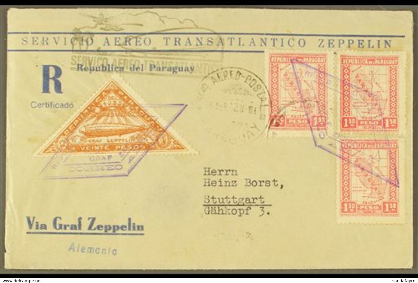 1928 Registered Zeppelin Stationery Cover To Germany Franked 1.50p Map (3), And 1932 20p Brown Zeppelin Adhesive Tied By - Paraguay