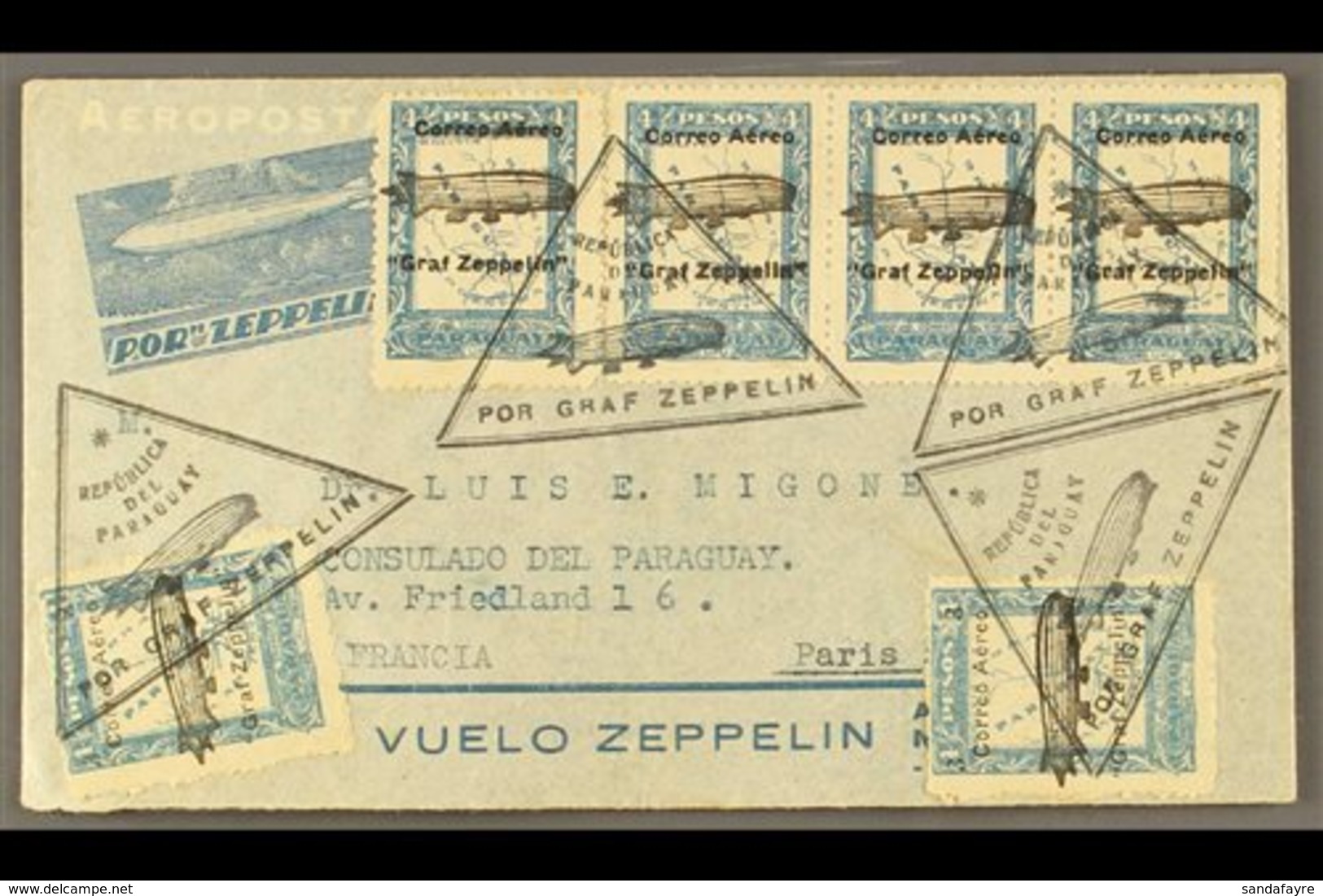 1931 Illustrated Zeppelin Stationery Air Letter To France Franked 3c On 4c Zeppelin Ovpt (2) And 4c Zeppelin Ovpt Stamp  - Paraguay