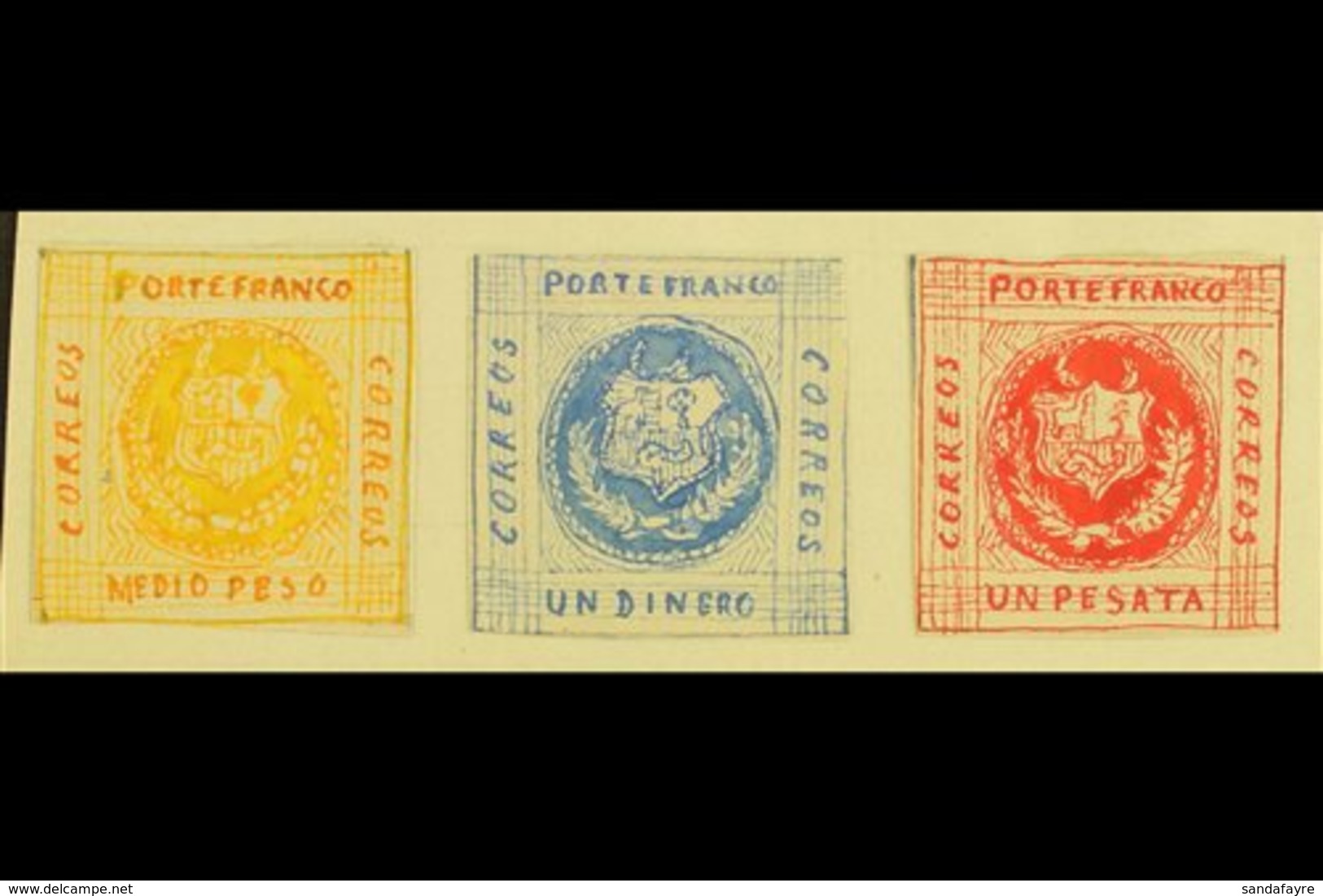 1861 HAND PAINTED STAMPS Unique Miniature Artworks Created By A French "Timbrophile" In 1861. Three Values With Similar  - Pérou