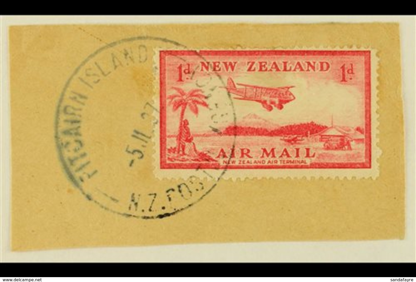 1937 1d Carmine Air Stamp Of New Zealand, SG 570, On Piece Tied By Fine Full "PITCAIRN ISLAND" Cds Cancel Of 5 JL 37, Un - Pitcairn Islands