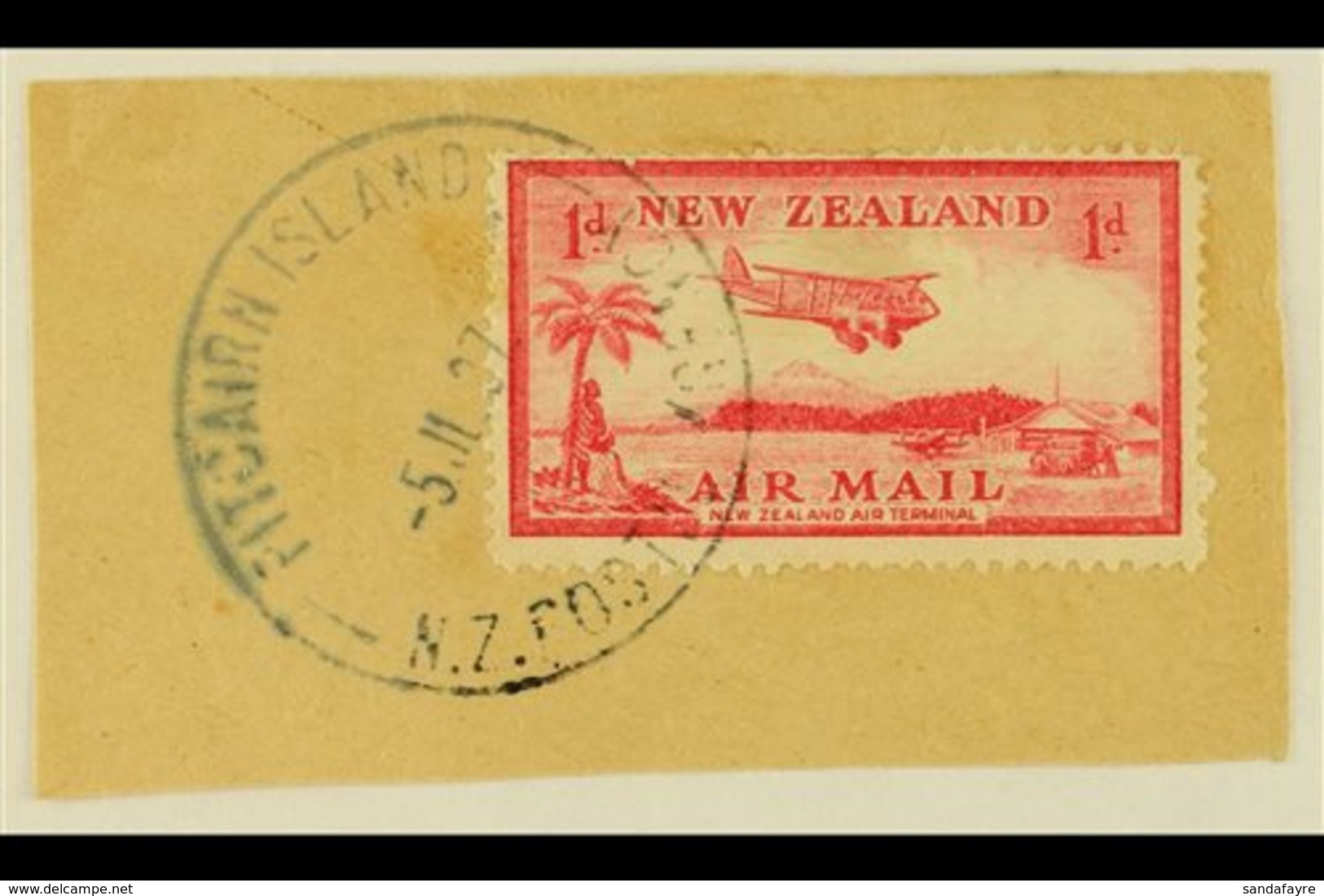 1937 1d Carmine Air Stamp Of New Zealand, SG 570, On Piece Tied By Fine Full "PITCAIRN ISLAND" Cds Cancel Of 5 JL 37, Un - Pitcairn