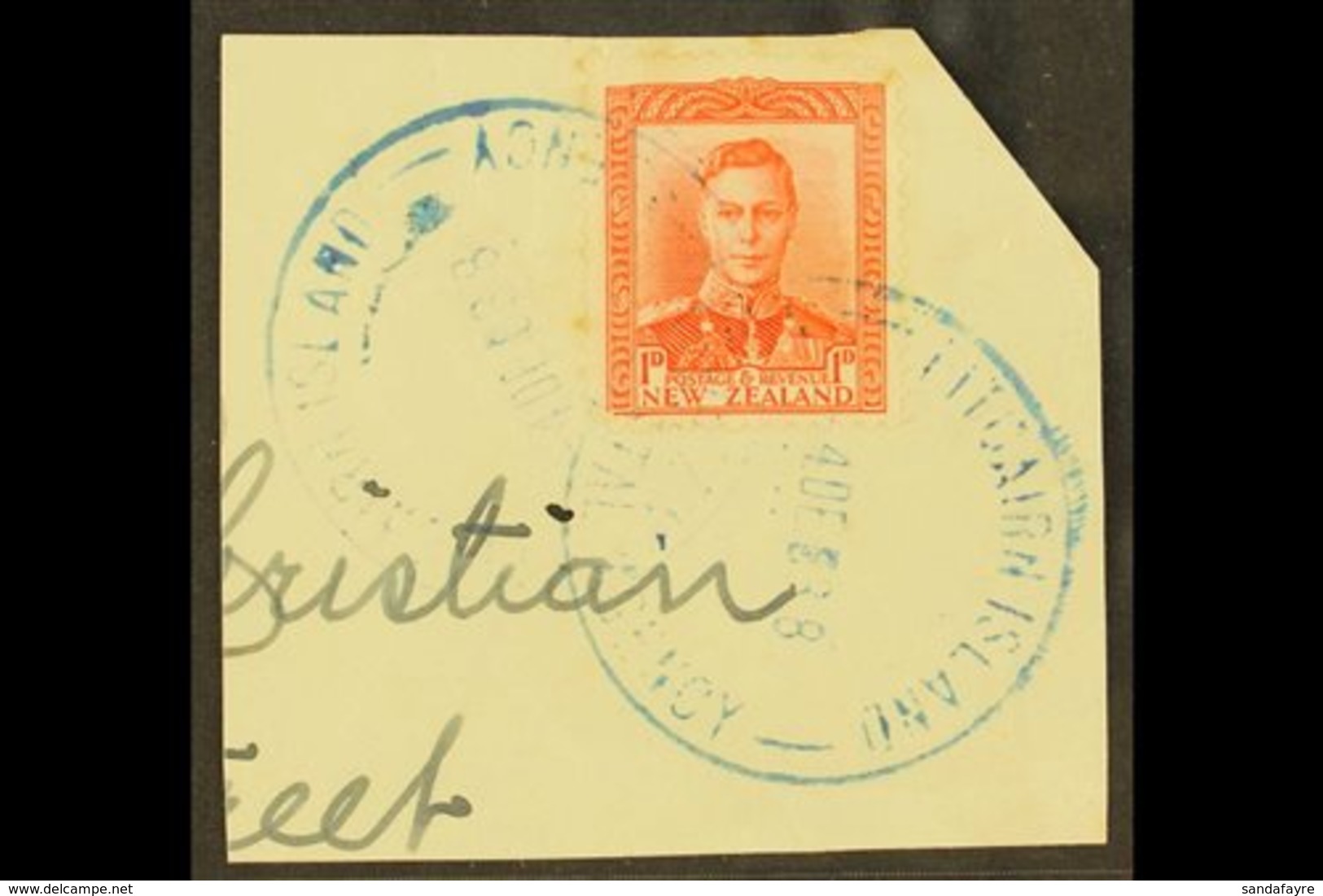 1938 1d Scarlet KGVI Of New Zealand, On Piece Tied By Fine Full "PITCAIRN ISLAND" Cds Cancels Of 4 DE 38, SG Z59. For Mo - Pitcairninsel