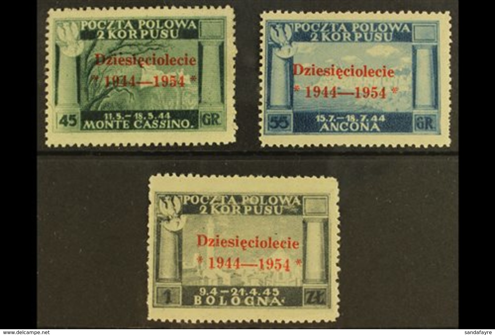 POLISH ARMY IN ITALY LONDON GOVERNMENT 1954 "Dziesieciolecie" Overprints On Vermilion Complete Set, Sassone 7/9, Fine Mi - Altri & Non Classificati