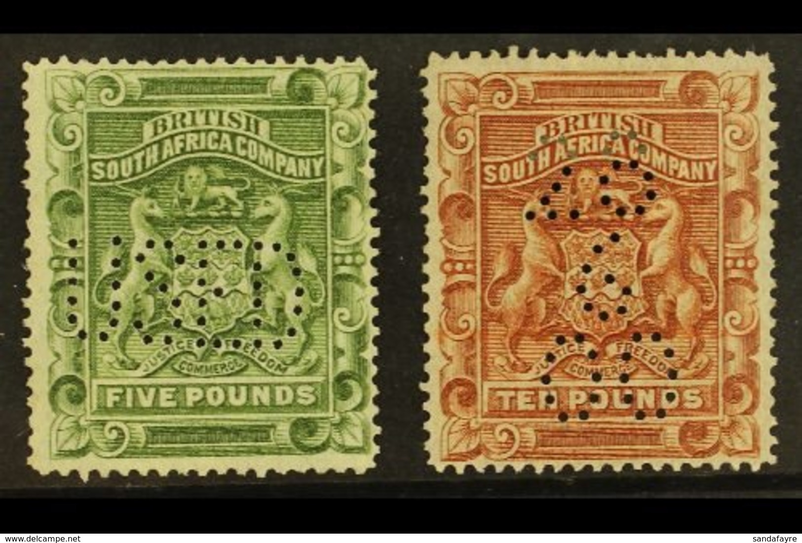 1892-93 £5 Sage-green & £10 Brown, SG 12/13, Fine Fiscally Used With Perfins, Fresh. (2 Stamps) For More Images, Please  - Autres & Non Classés