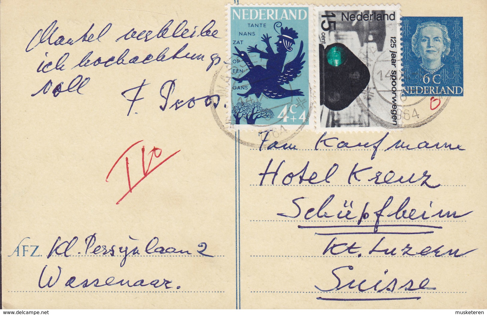 Netherlands Uprated Postal Staionery Ganzsache Entier WASSENAAR 1964 HOTEL KREUZ Luzern Schweiz Switzerland (2 Scans) - Ganzsachen