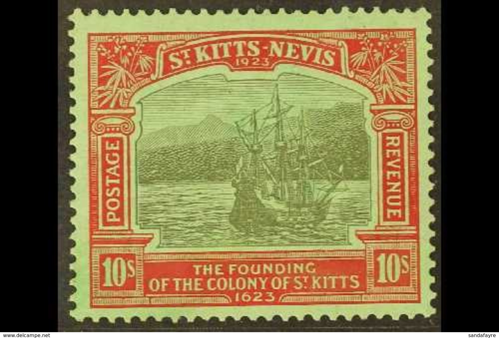 1923 10s Black And Red / Emerald Tercentenary, SG 58, Very Fine Mint. For More Images, Please Visit Http://www.sandafayr - St.Kitts And Nevis ( 1983-...)