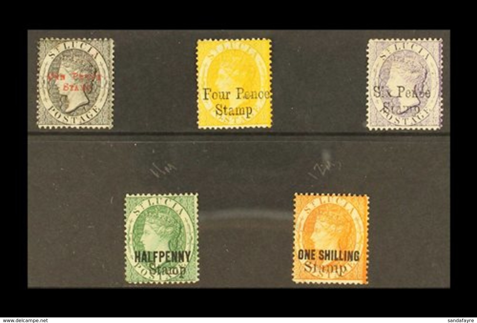 POSTAL FISCAL STAMPS 1881 CROWN CC WMK MINT SELECTION On A Stock Card. Includes (Type F1 Surcharge) 1d Black (SG F1),  ( - St.Lucia (...-1978)