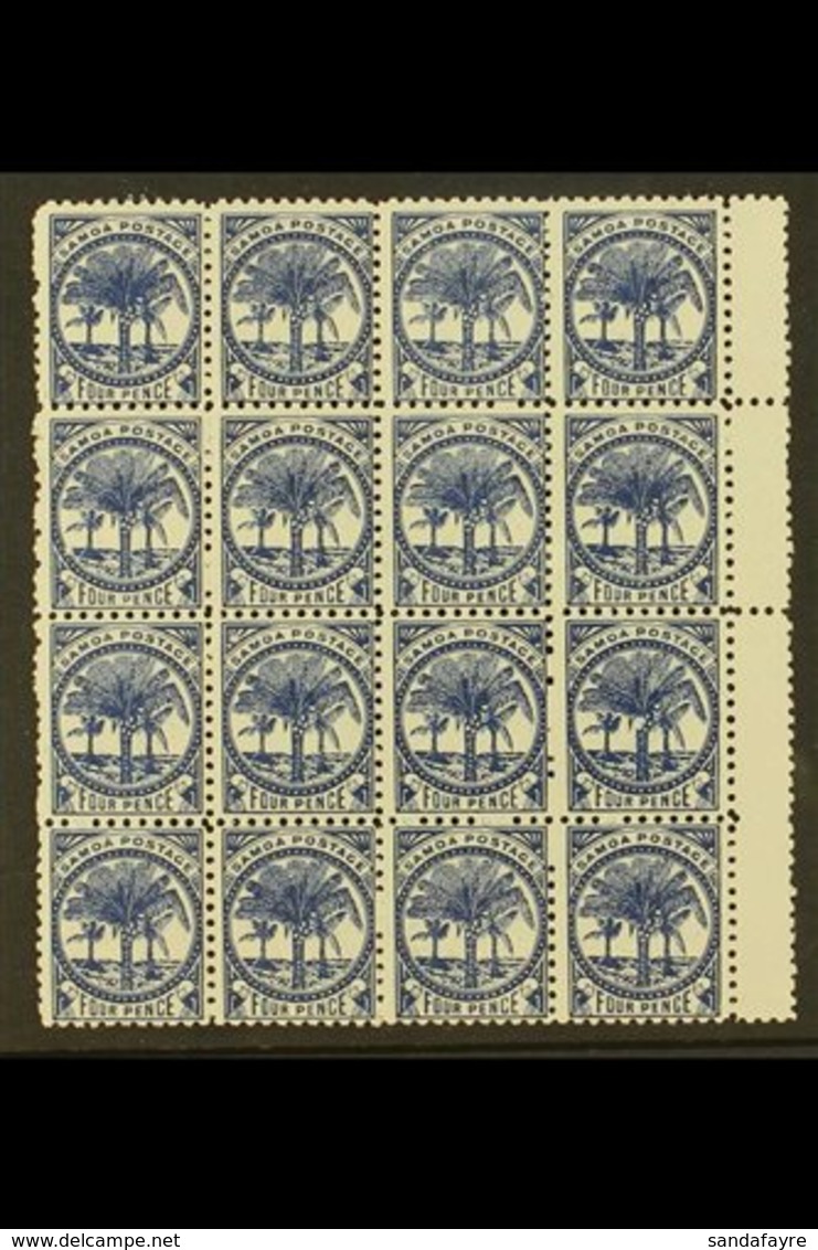 1886-1900 4d Deep Blue Palm Trees Watermark Type W 4b Perf 11, SG 61a, Never Hinged Mint Block Of 16 (4x4) With Gutter A - Samoa