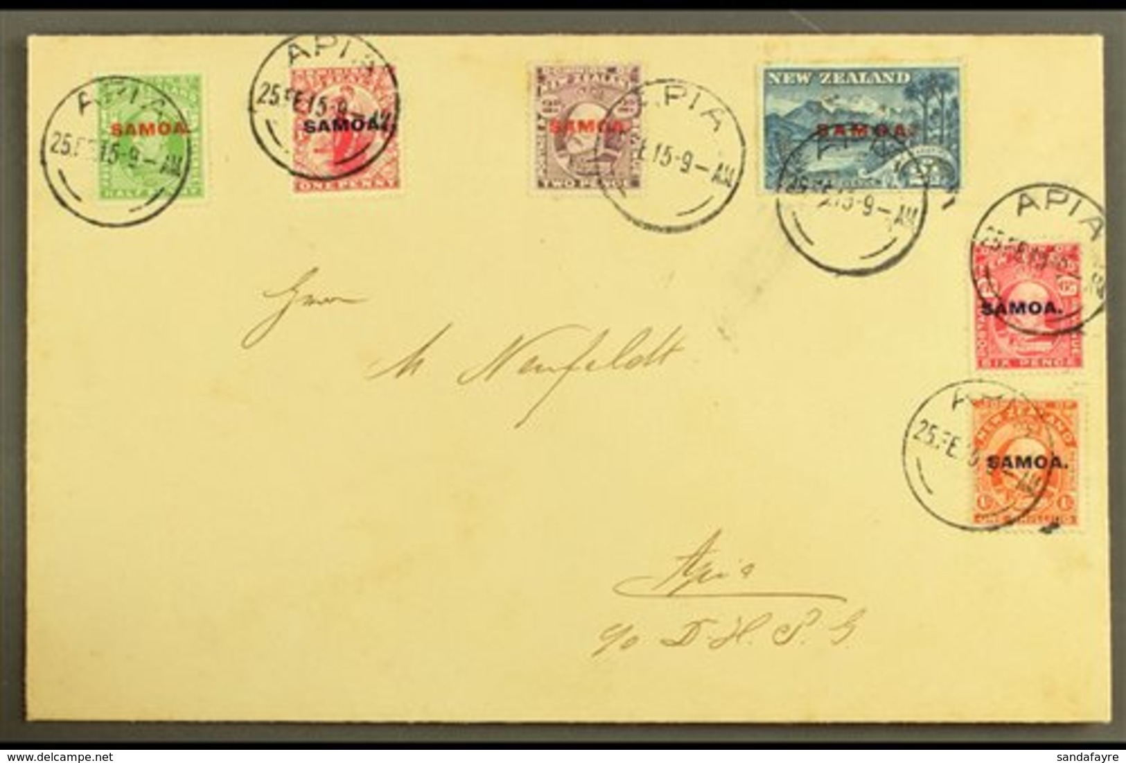 1915 KEVII New Zealand Overprints, Complete Set On Plain Cover, SG 115/21, Each With Clear Strike Of "APIA" 25.2.15 Pmk. - Samoa