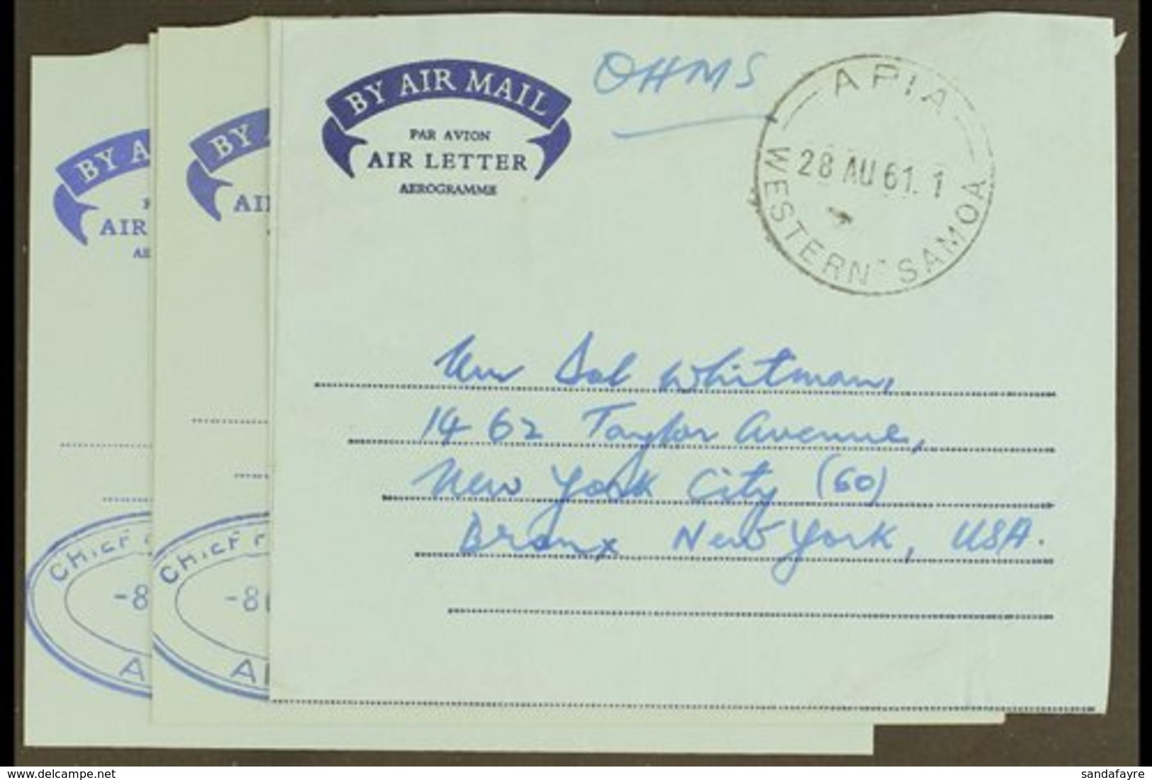 OFFICIAL AEROGRAMMES. 1961-1964 Used Group Of Different Stampless Official Air Letter Sheets Addressed To USA (Kessler 2 - Samoa