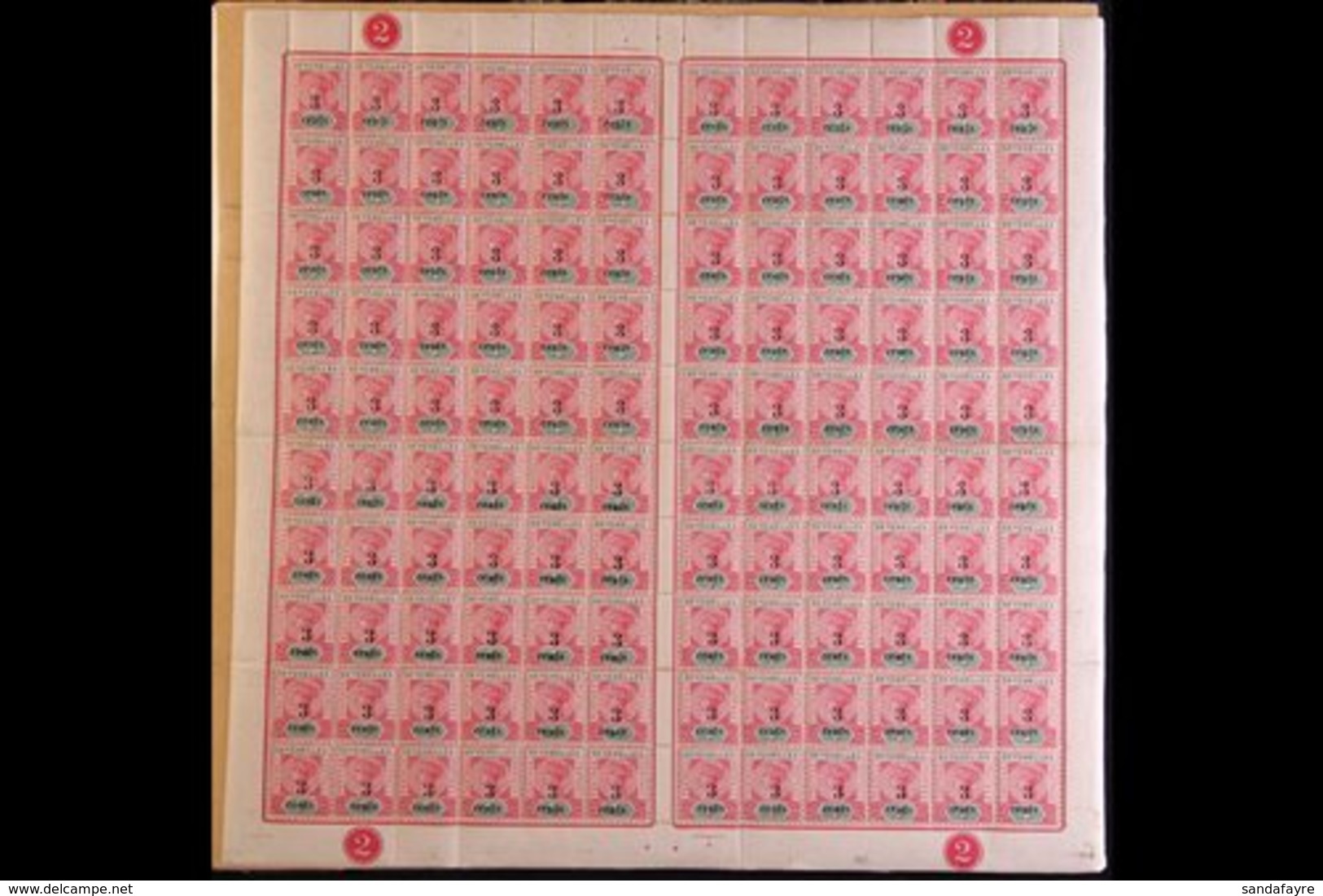 1893 2c On 4c Carmine And Green, SG 15, A Rare Sheet Of 120 Stamps (lower Left And Right Panes Of Sixty), Fine Never Hin - Seychelles (...-1976)