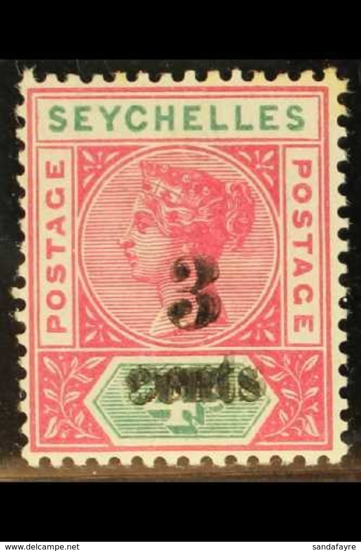 1893 3c On 4c Carmine And Green, Surcharge Double, SG 15b, Mint With Some Toning, Royal Certificate. For More Images, Pl - Seychelles (...-1976)