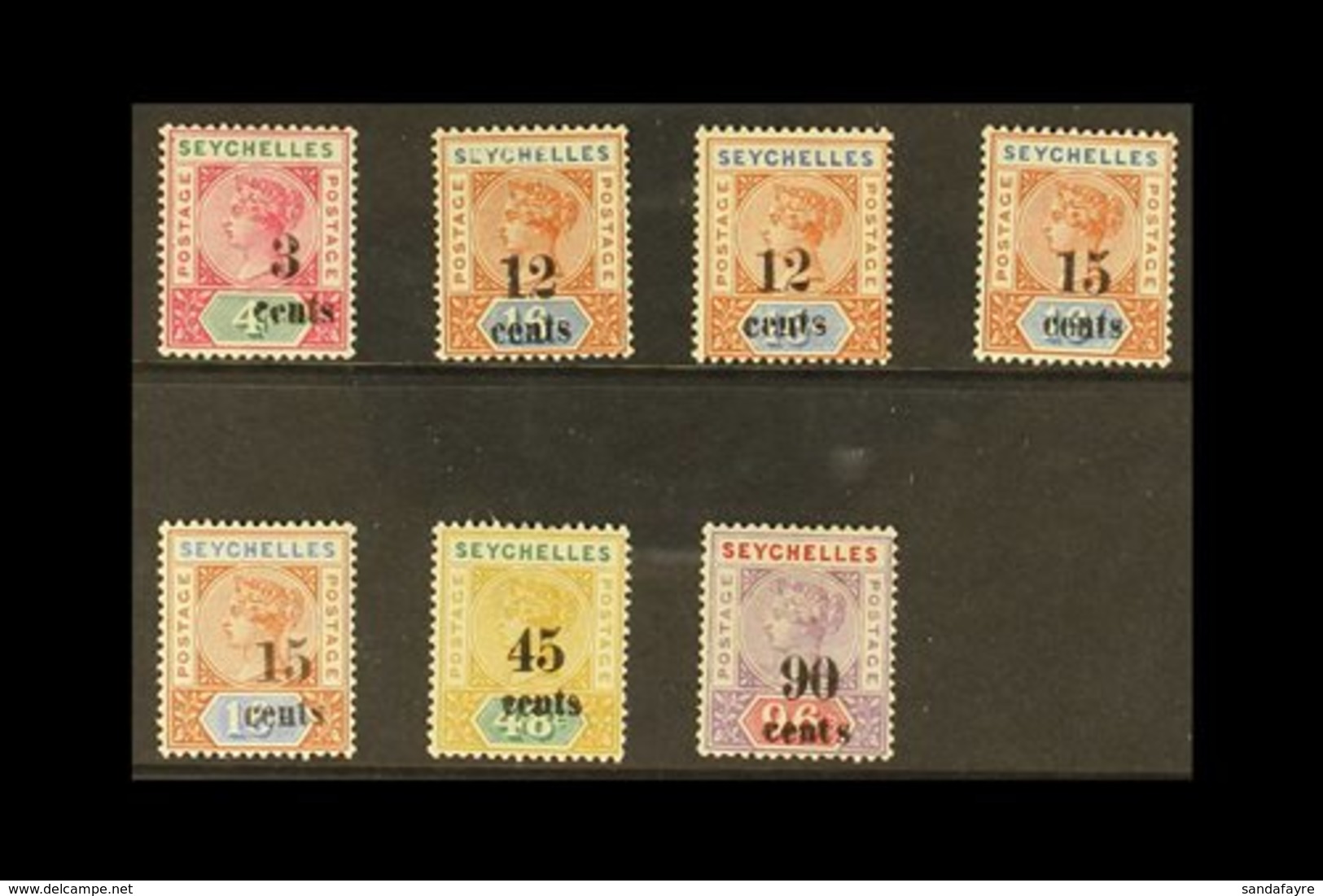 1893 Complete Surcharges Set, SG 15/21, Fine Mint. (7 Stamps) For More Images, Please Visit Http://www.sandafayre.com/it - Seychellen (...-1976)
