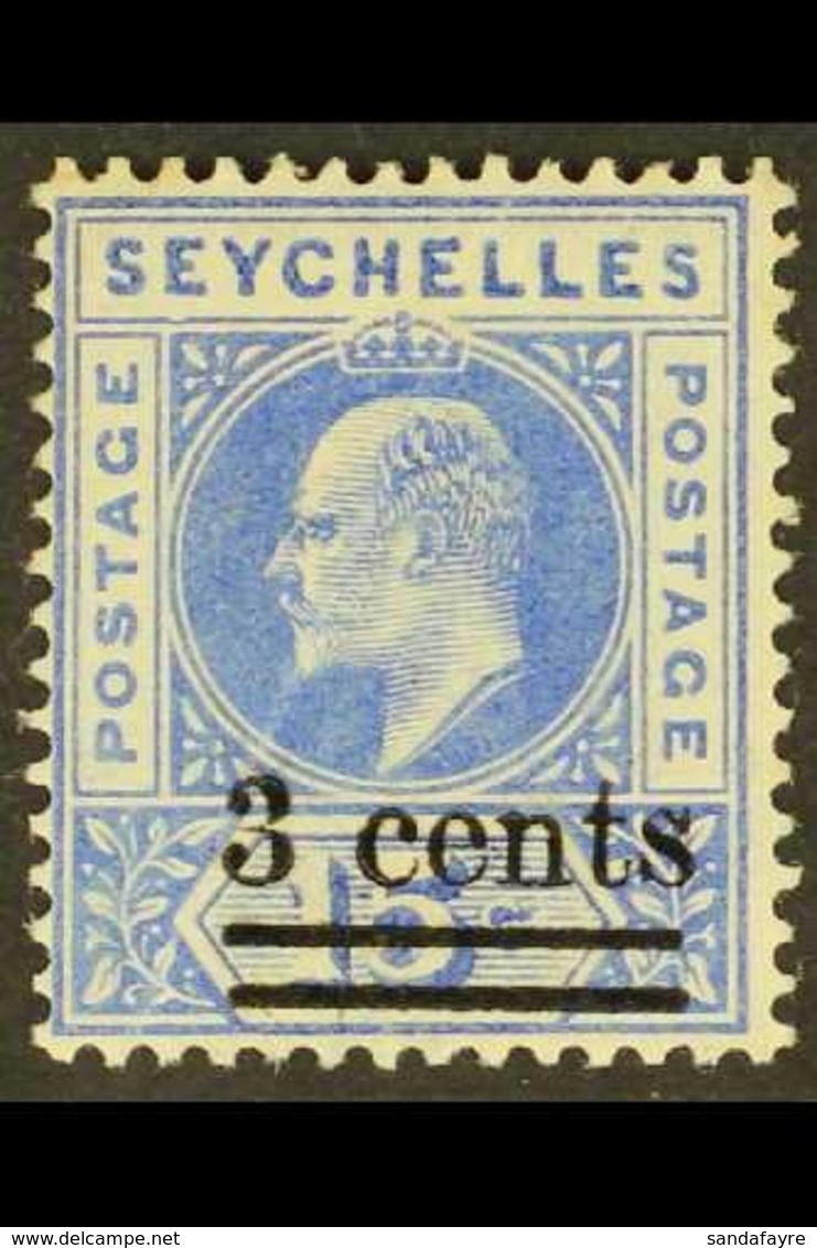 1903 3c On 15c Ultramarine, With Dented Frame, SG 57a, Mint With Diagonal Crease. For More Images, Please Visit Http://w - Seychelles (...-1976)