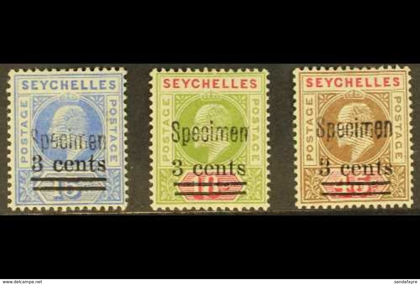 1903 Surcharges Set, Handstamped "SPECIMEN", SG 57/59s, Fine Mint. (3 Stamps) For More Images, Please Visit Http://www.s - Seychellen (...-1976)