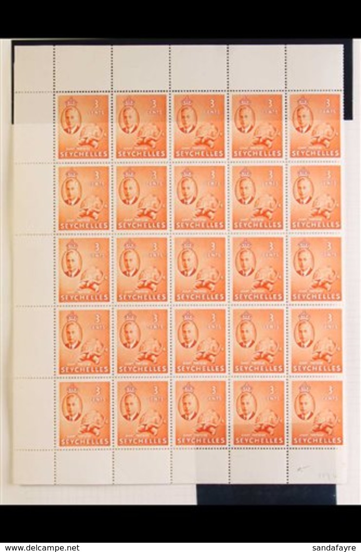 1952 3c Orange Giant Tortoise, SG 159, Complete Sheet Of Fifty, Showing Error St Edward's Crown SG 159b In Margin, Never - Seychelles (...-1976)