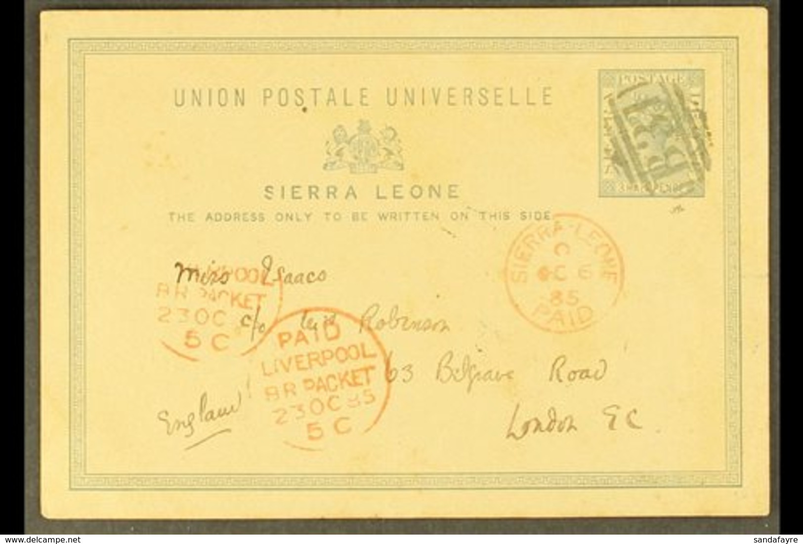 1883 (Oct) 1½d Postal Card To London, Cancelled B31, Red Sierra Leone Paid Cds Alongside, Liverpool Br. Packet Cds's At  - Sierra Leone (...-1960)