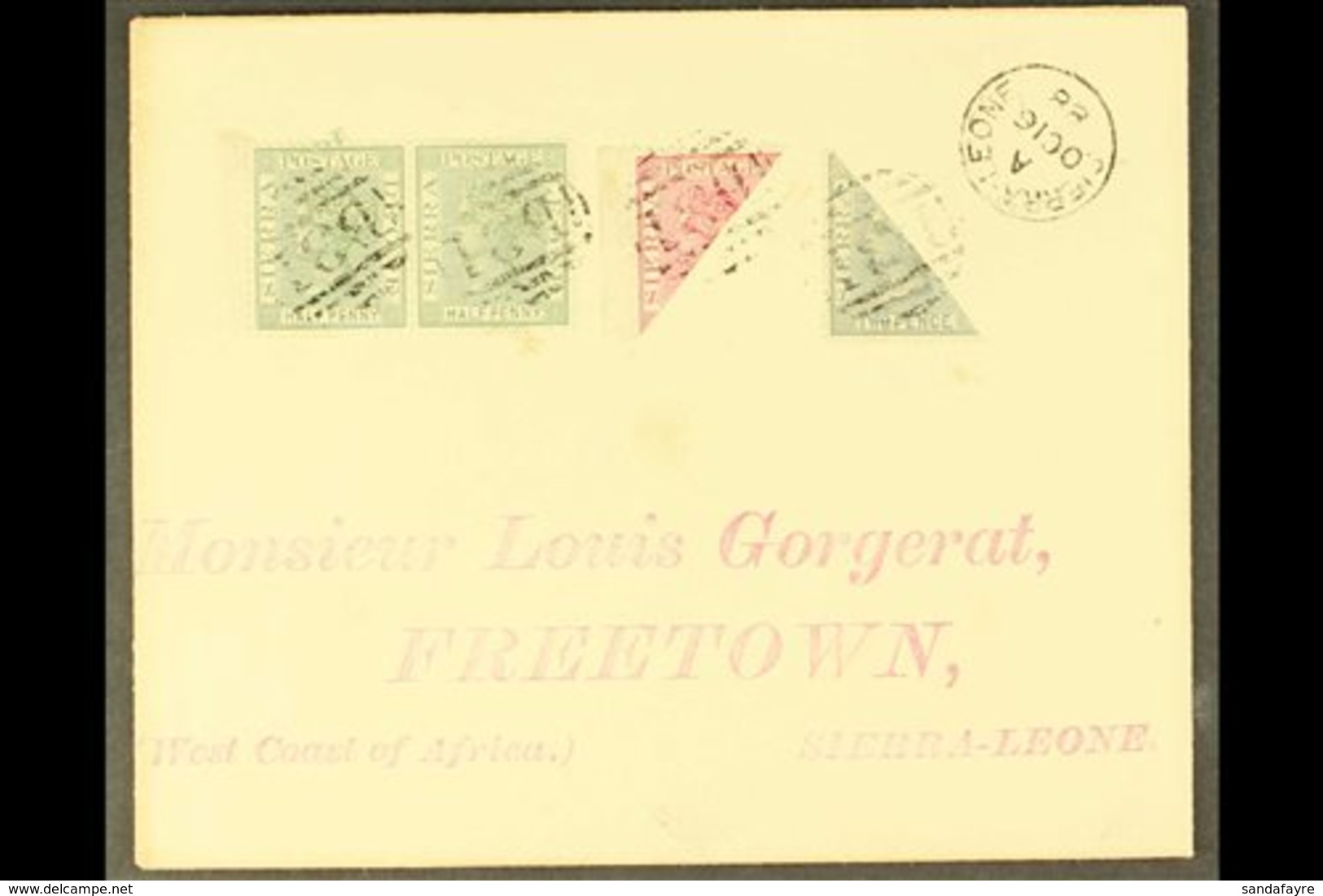 1888 (Oct) Attractive "Gorerat" Local Envelope Bearing 1884 ½d Pair, And BISECTED 1d And 2d, Each Tied By B31 , With Pro - Sierra Leone (...-1960)