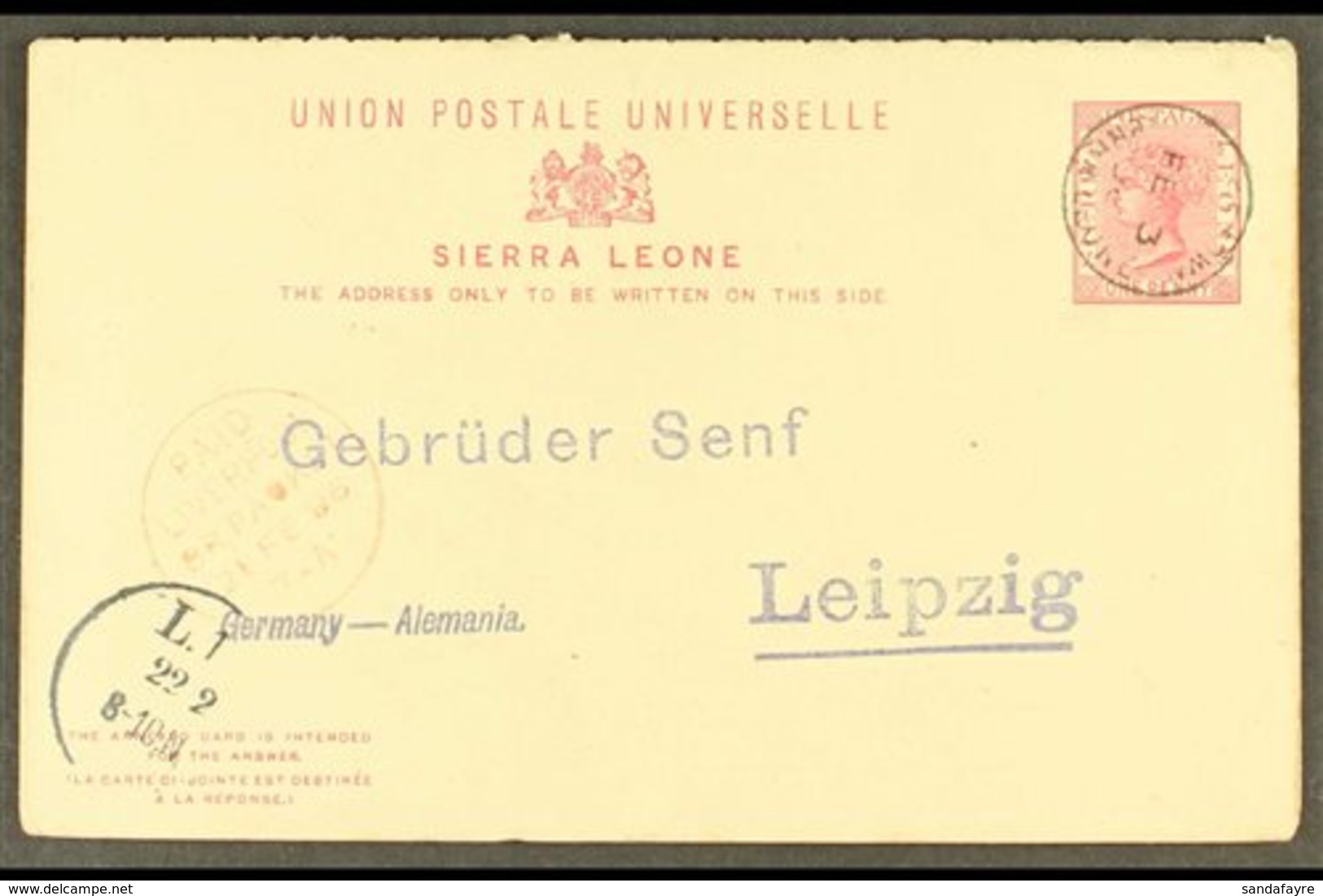 1896 (Feb) 1d + 1d Reply Card To Senf In Germany, Tied Freetown Cds, Red Liverpool Br. Packet Cds And Arrival Mark At Le - Sierra Leone (...-1960)