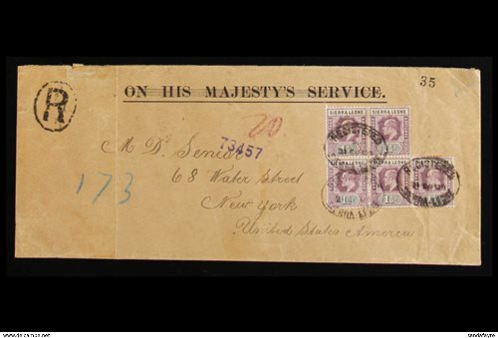 1905 (Sept) OHMS With Bars Through Envelope, Registered To New York, Bearing 1½d Chalky Paper (SG 88) Irregular Block Of - Sierra Leone (...-1960)