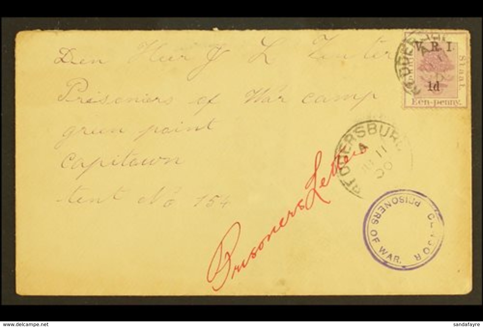 BOER WAR 1900 (11 June) Cover To Prisoner Of War Camp At Green Point, Cape Town, Bearing OFS 1d "V.R.I." Tied By Redders - Unclassified