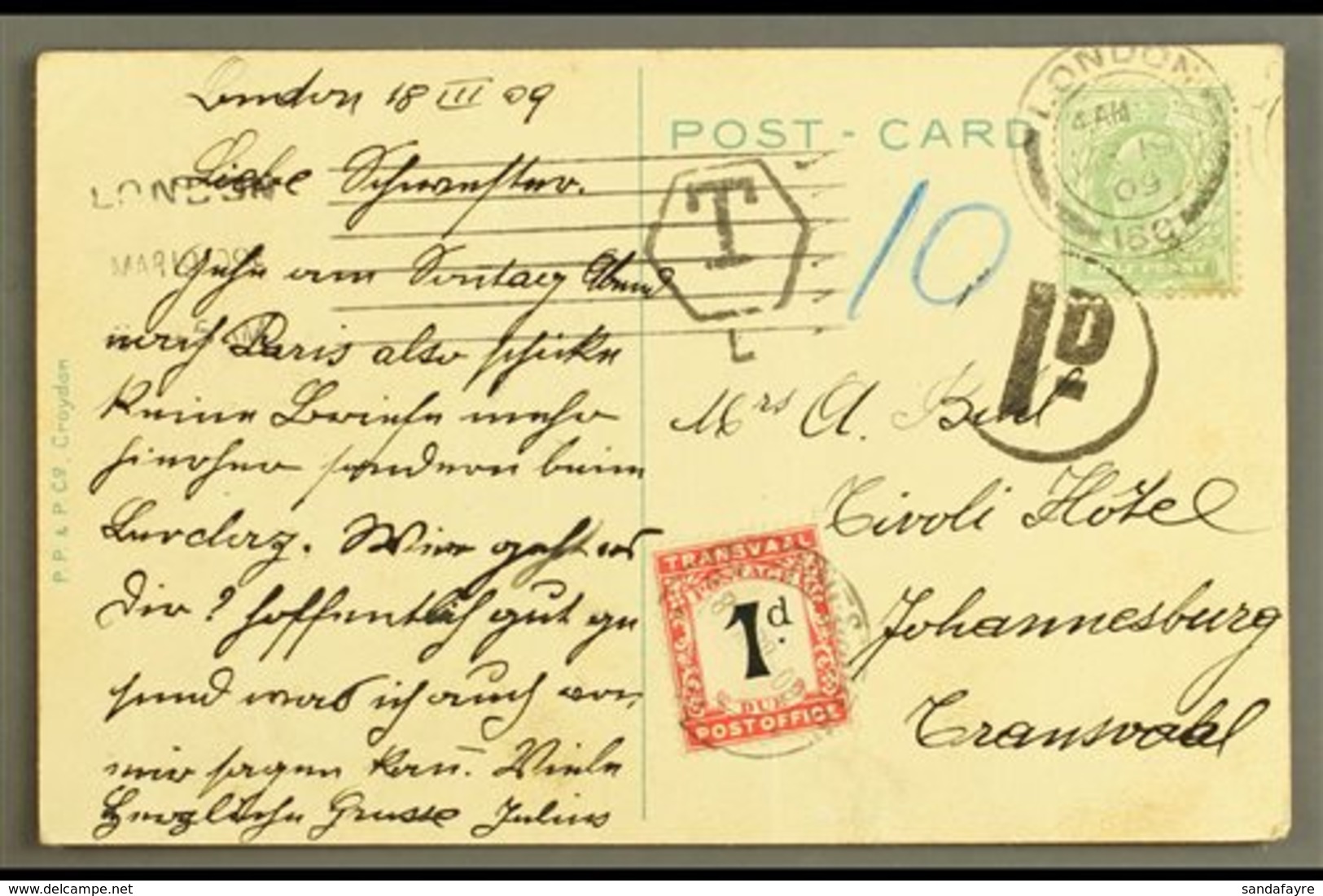 TRANSVAAL 1909 (19 Mar) GB Picture Postcard Of London Bridge To Johannesburg, Bearing KEVII ½d Tied By London Cds, 1d To - Unclassified