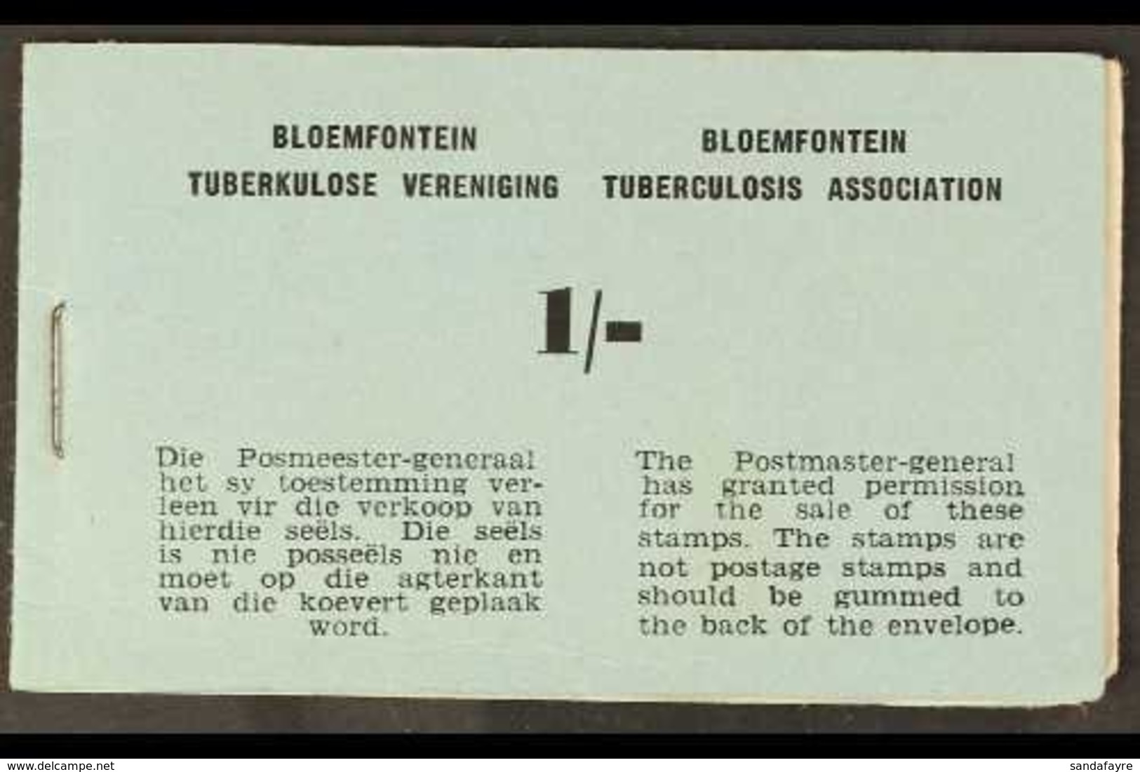 BLOEMFONTEIN TUBERCULOSIS ASSOCIATION 1s COMPLETE BOOKLET With Grey-blue Cover, Contains Two Panes Of Six Rouletted Labe - Unclassified