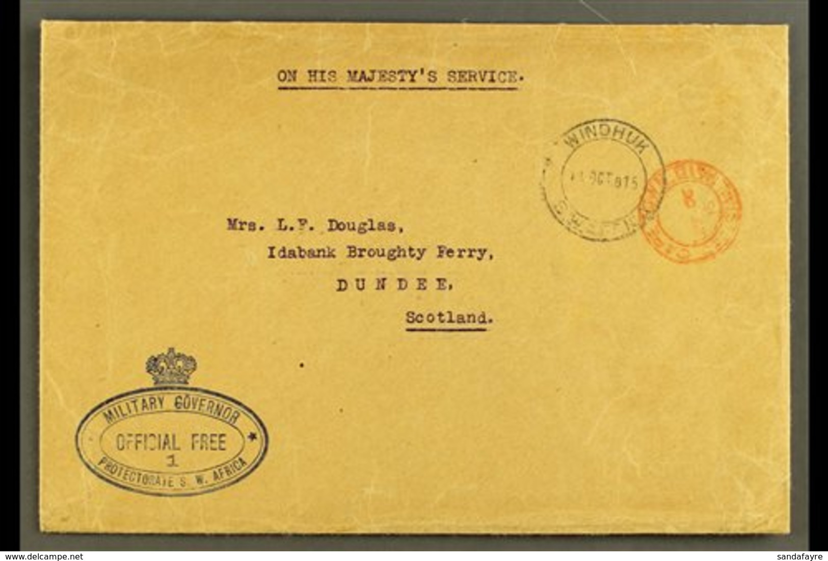 1915 (11 Oct) Stampless OHMS Cover To Scotland, Bearing "Windhuk" & Red "Cape Town Official Paid" Cds's And Superb Blue  - South West Africa (1923-1990)