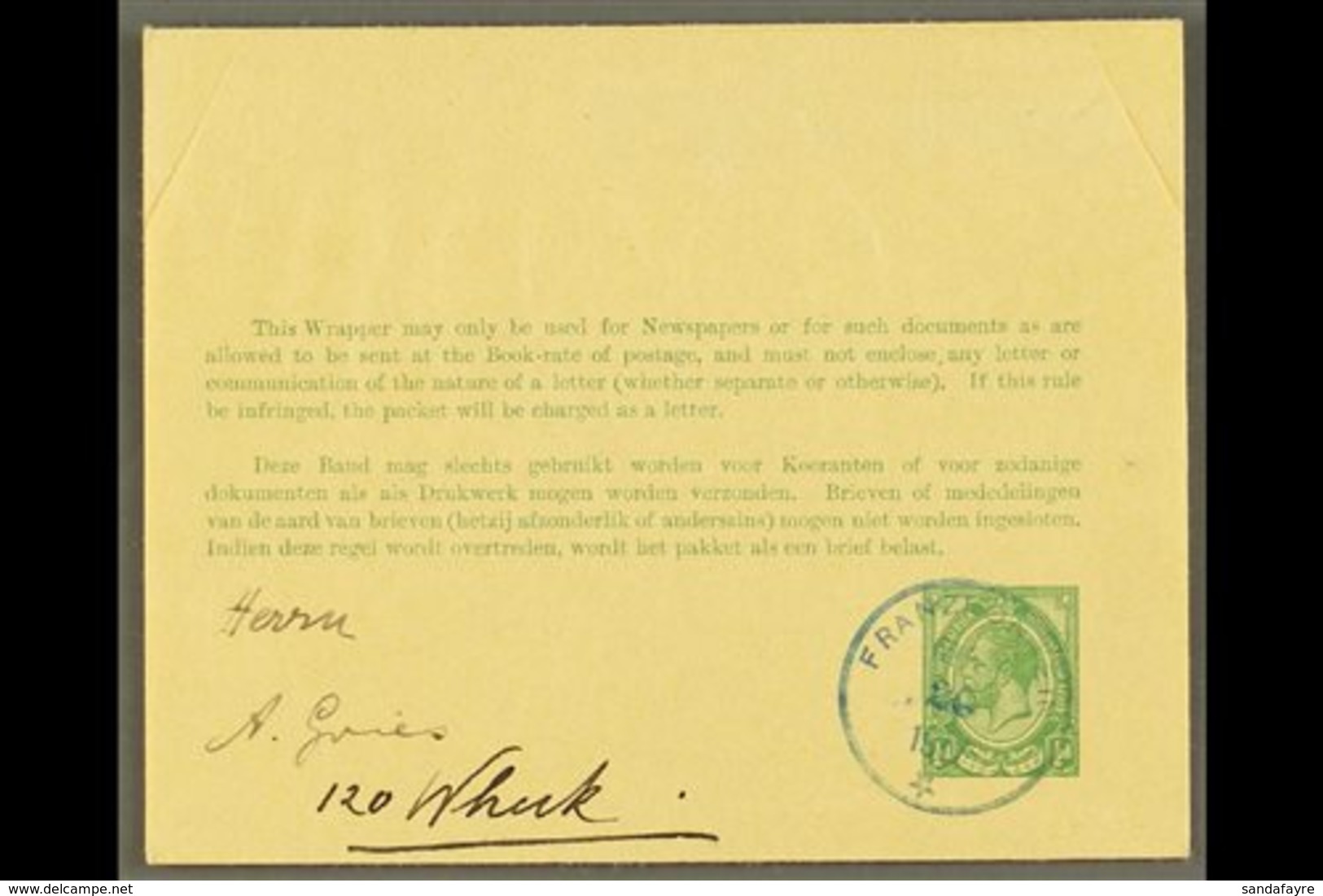 1917 (June) ½d Green On Buff Postal Wrapper To Windhuk Showing A Very Fine "FRANZFONTEIN" Cds Postmark In Blue, Putzel T - South West Africa (1923-1990)