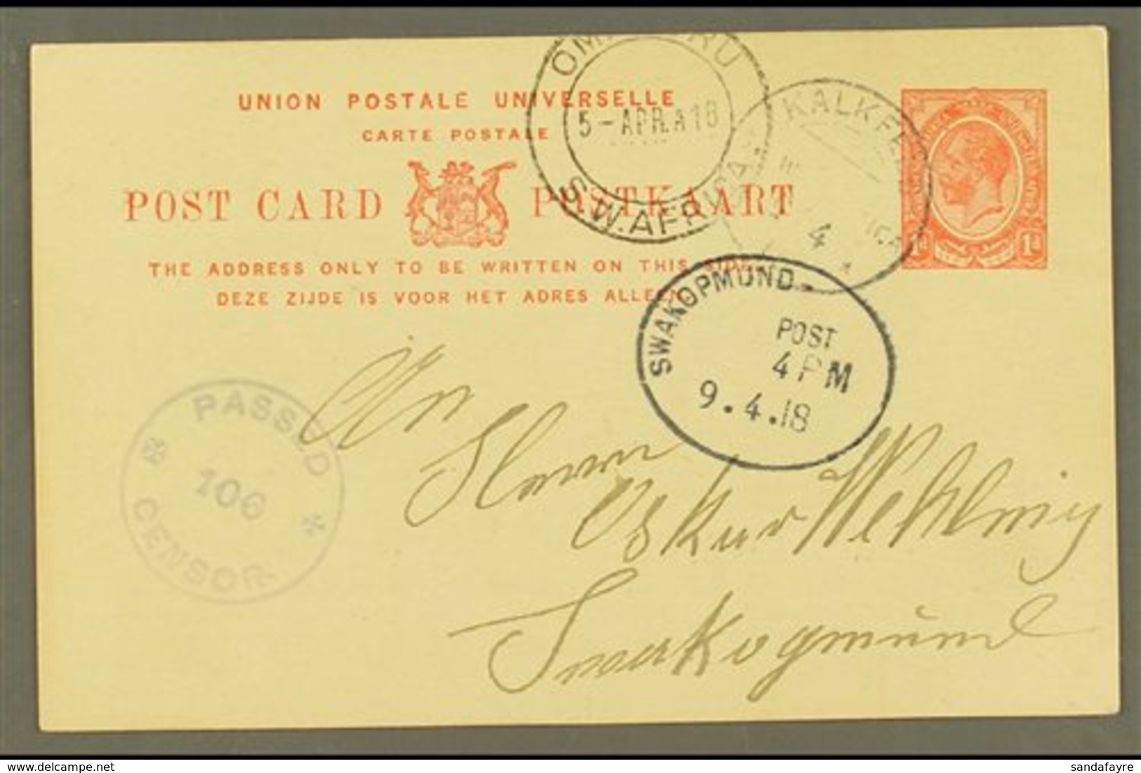1918 (4 Apr) 1d Union Postal Card To Swakopmund Cancelled By "KALKFELD" Cds Postmark, Putzel Type 2, Part "OMARURU" Tran - South West Africa (1923-1990)